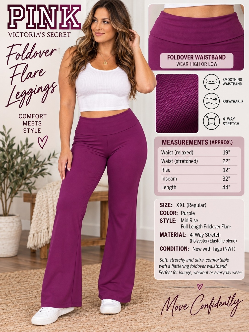 A58. NWT Victoria’s Secret PINK XXL Purple Foldover Flare Leggings Mid Rise